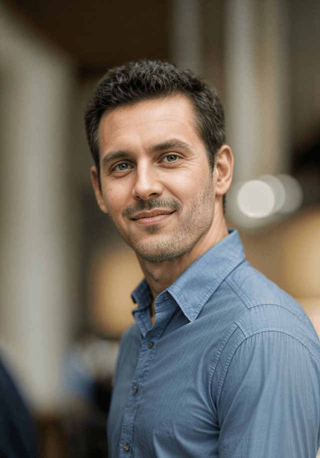 A man with short dark hair and a light blue button-up shirt is smiling at the camera. He has a well-groomed appearance and is standing in a softly blurred indoor setting with warm lighting.