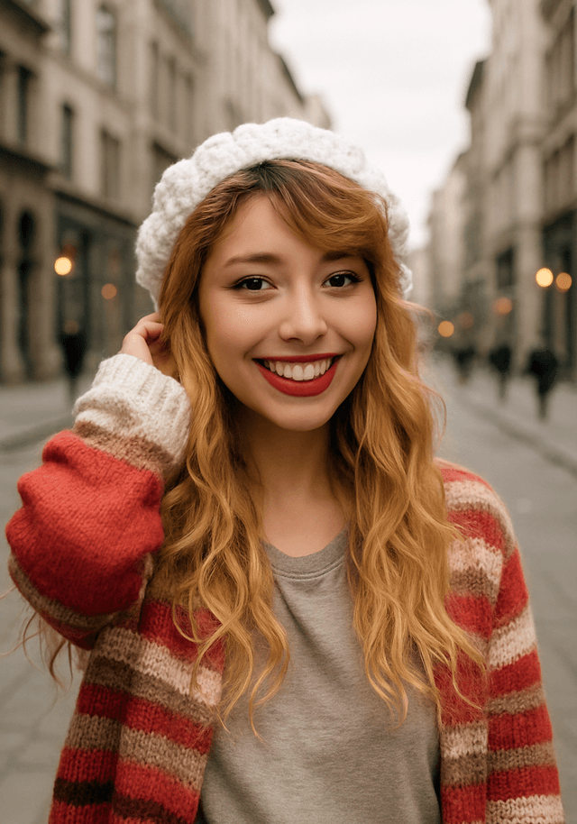 A young woman with long, wavy hair wearing a white knitted hat and a colorful striped cardigan. She is smiling and looking directly at the camera, with a blurred city street in the background.