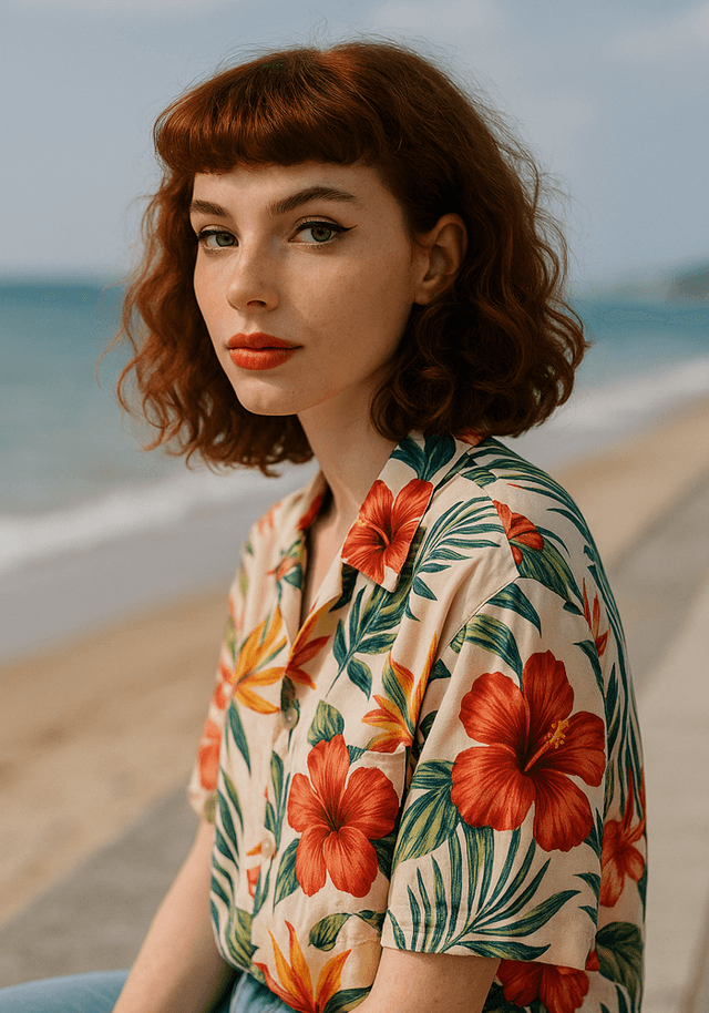 A young woman with curly red hair and a floral shirt is sitting by the beach. She has a neutral expression, with her gaze directed slightly off-camera. The background features a sandy beach and ocean, with a soft focus on the horizon.